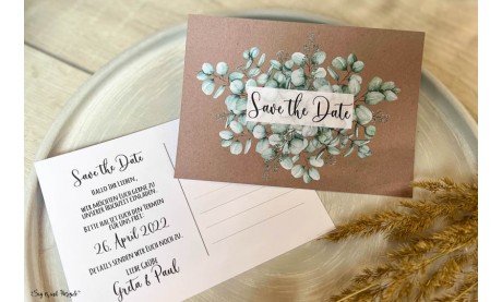 Save the Date Einladung Hochzeit Kraftpapier Eukalyptus