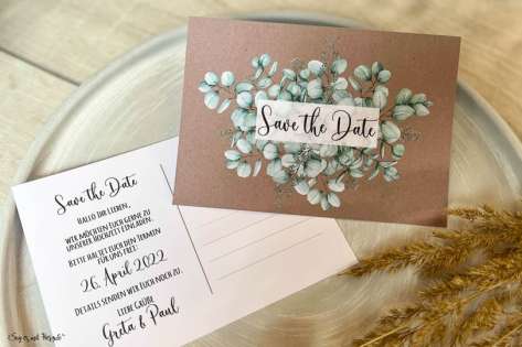 Save the Date Einladung Hochzeit Kraftpapier Eukalyptus