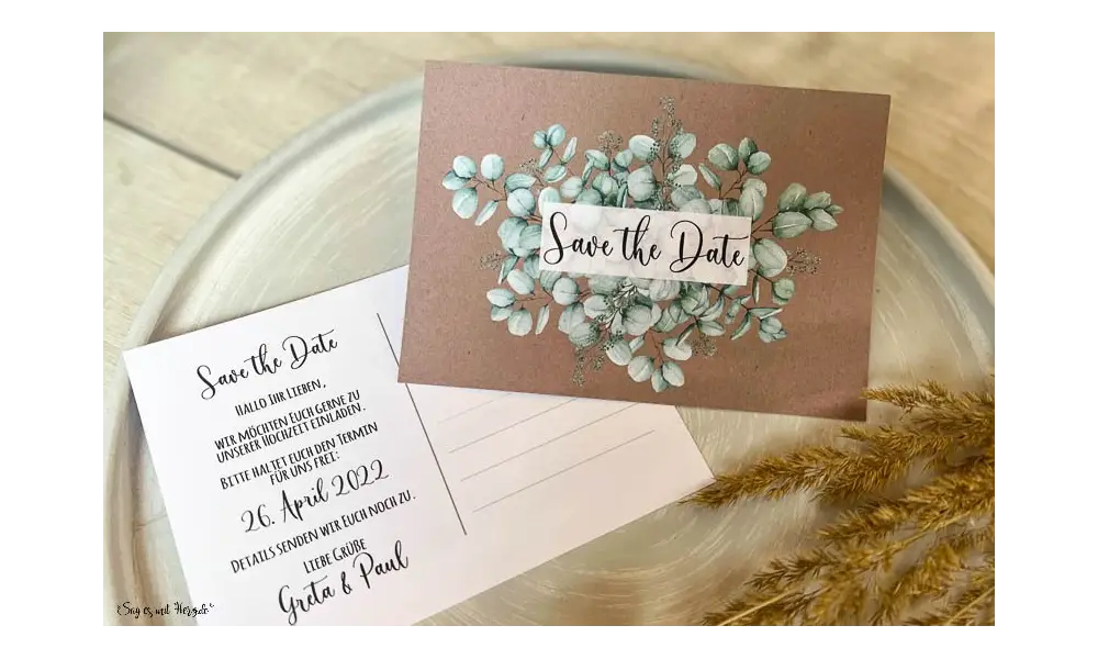 Save the Date Einladung Hochzeit Kraftpapier Eukalyptus