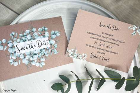 Save the Date Einladung Hochzeit Kraftpapier Eukalyptus