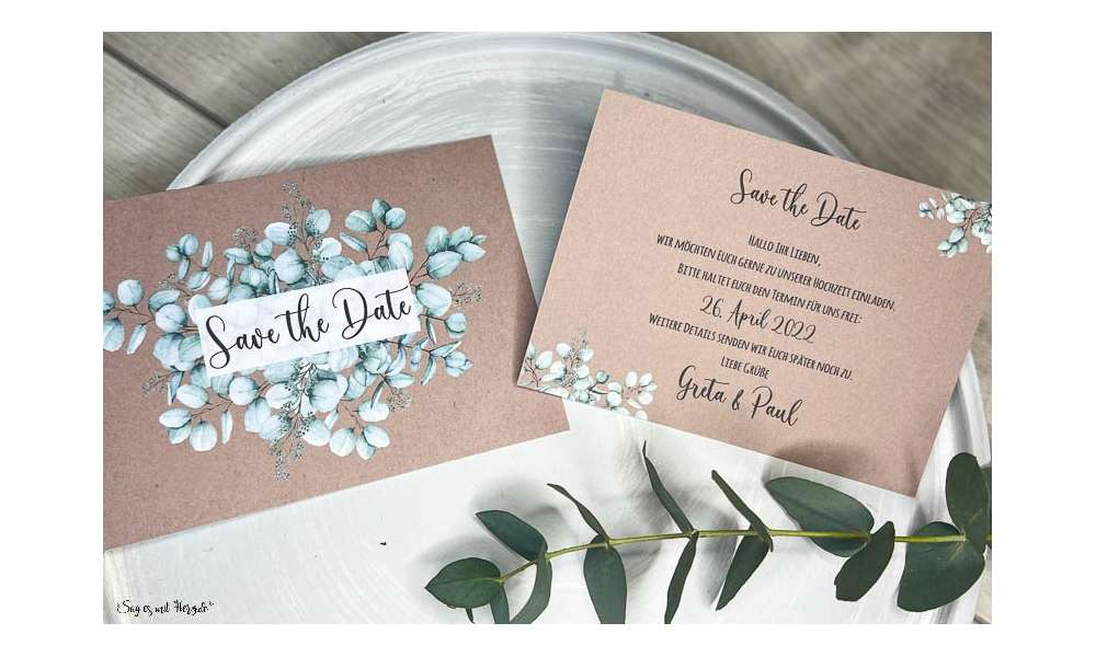 Save the Date Einladung Hochzeit Kraftpapier Eukalyptus