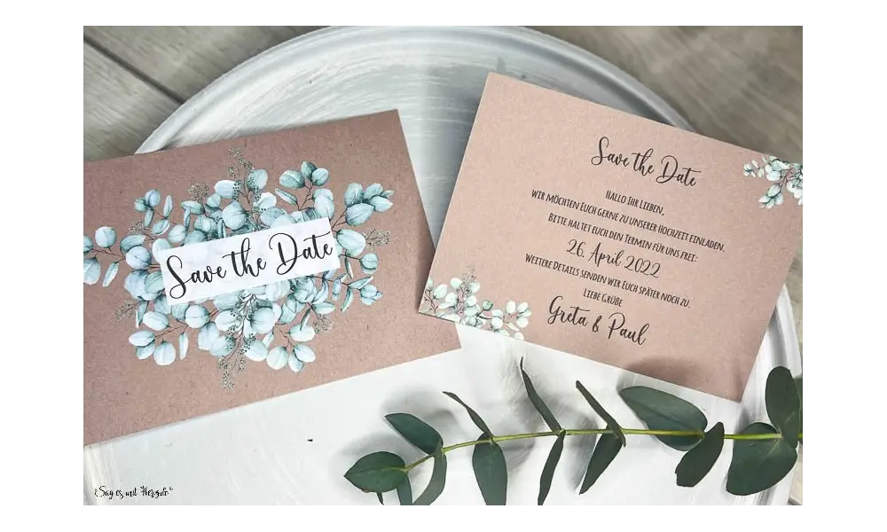 Save the Date Einladung Hochzeit Kraftpapier Eukalyptus