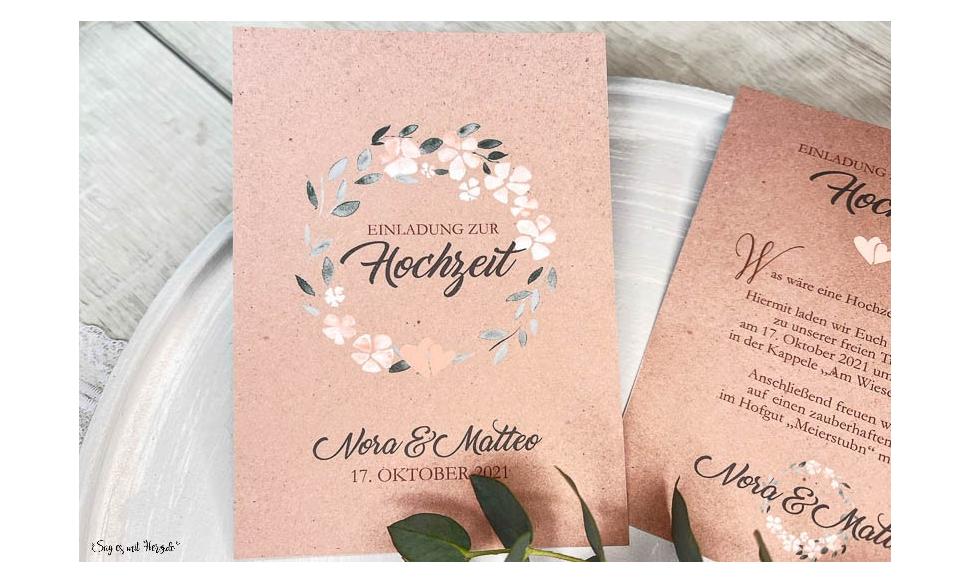 Einladungskarten Hochzeit Kraftpapier apricot Blumen floral