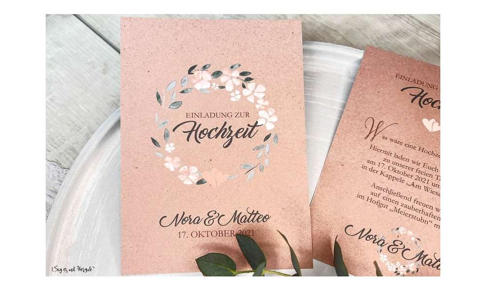 Einladungskarten Hochzeit Kraftpapier apricot Blumen floral