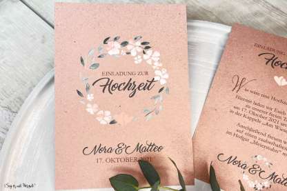 Einladungskarten Hochzeit Kraftpapier apricot Blumen floral