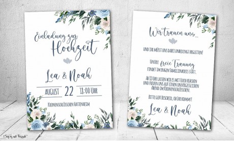 Einladungskarten Hochzeit Blumen blau Vintage