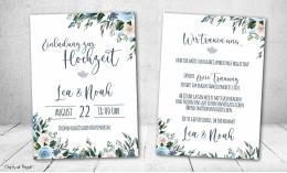 Einladungskarten Hochzeit Blumen blau Vintage