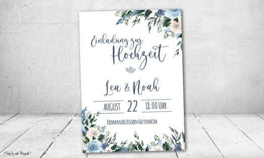 Einladungskarten Hochzeit Blumen blau Vintage