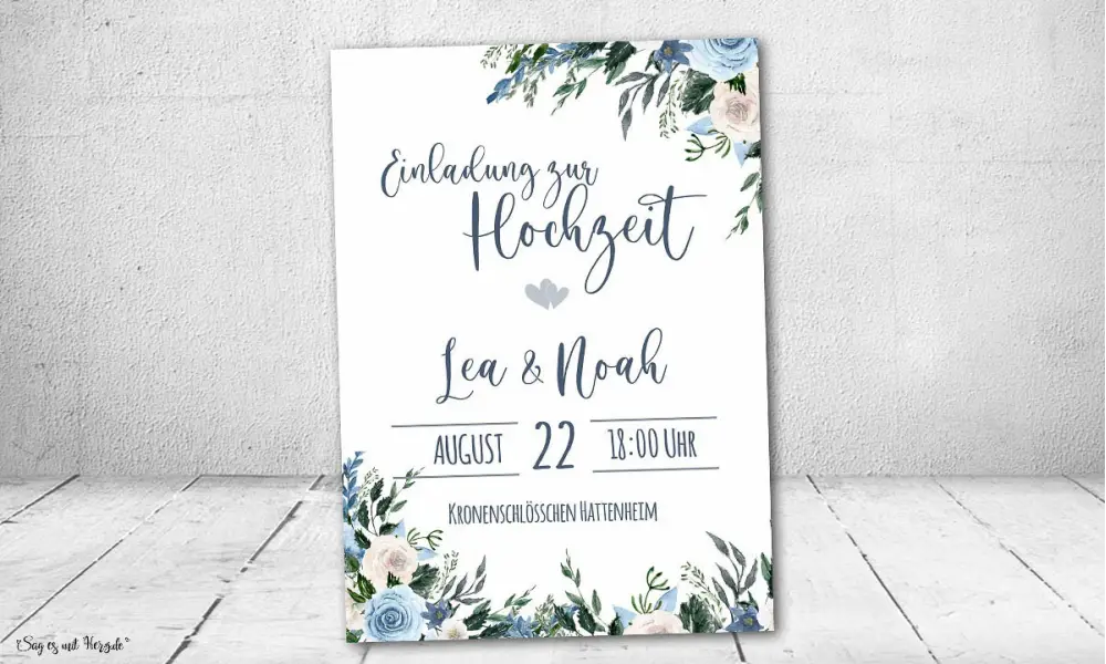 Einladungskarten Hochzeit Blumen blau Vintage