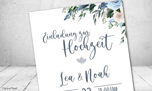 Einladungskarten Hochzeit Blumen blau Vintage