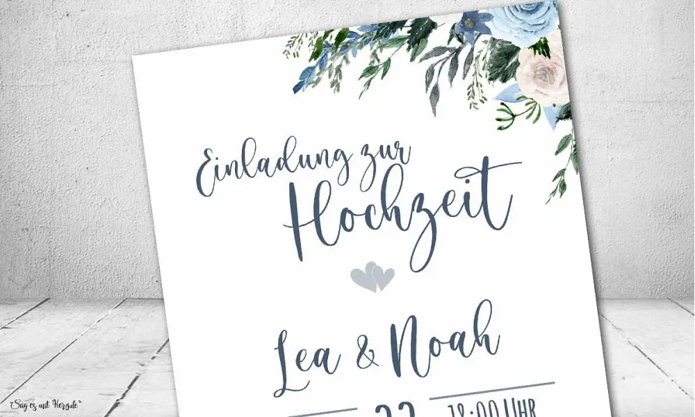 Einladungskarten Hochzeit Blumen blau Vintage