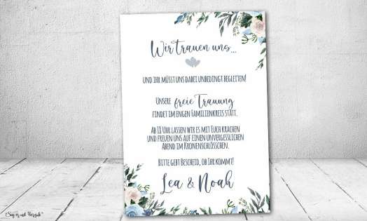 Einladungskarten Hochzeit Blumen blau Vintage