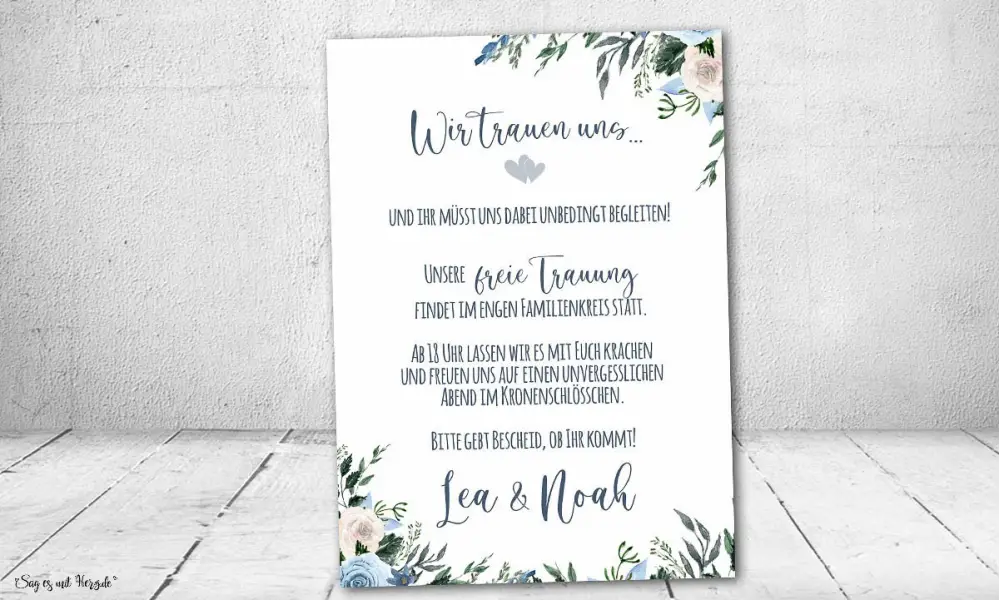 Einladungskarten Hochzeit Blumen blau Vintage