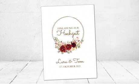 Einladungskarten Hochzeit Boho roter Blumenkranz