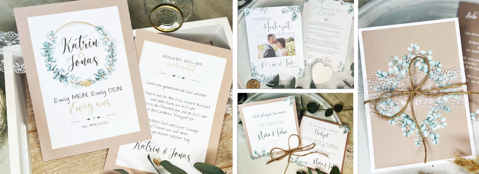 Vintage Boho Einladungskarten zur Hochzeit mit Kraftpapier im Greenery Eukalyptus Style